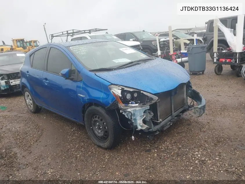 2016 Toyota Prius C Two VIN: JTDKDTB33G1136424 Lot: 42188174