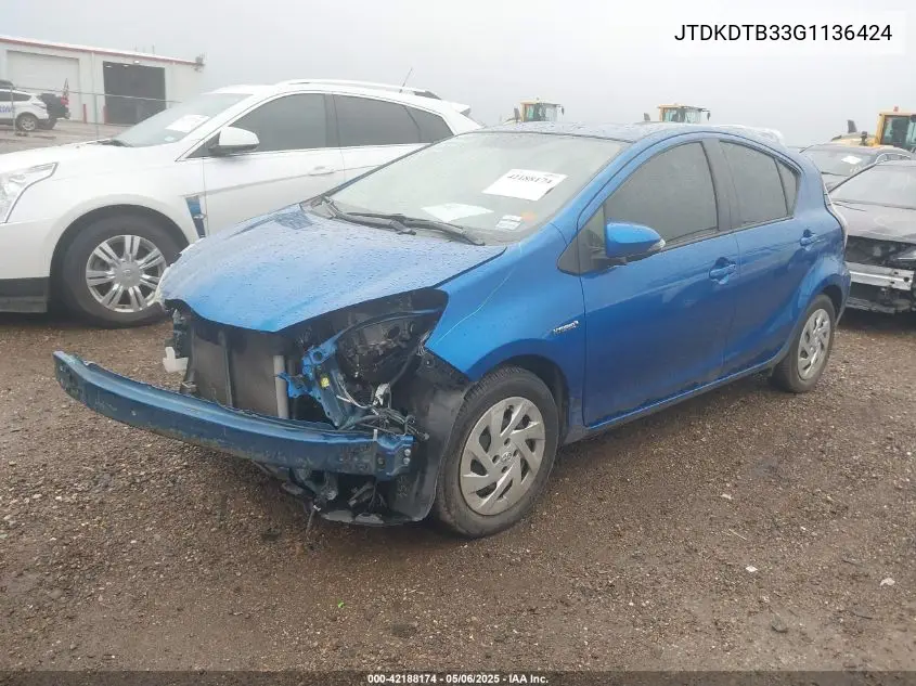 2016 Toyota Prius C Two VIN: JTDKDTB33G1136424 Lot: 42188174