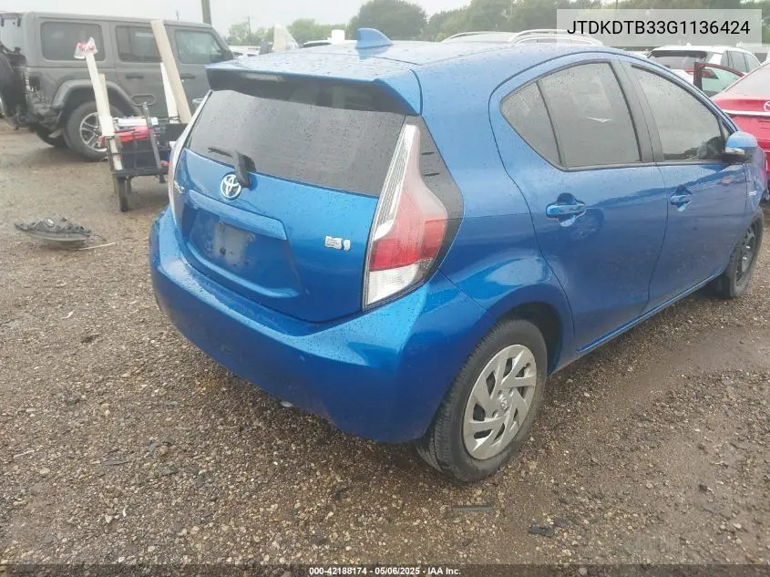 2016 Toyota Prius C Two VIN: JTDKDTB33G1136424 Lot: 42188174