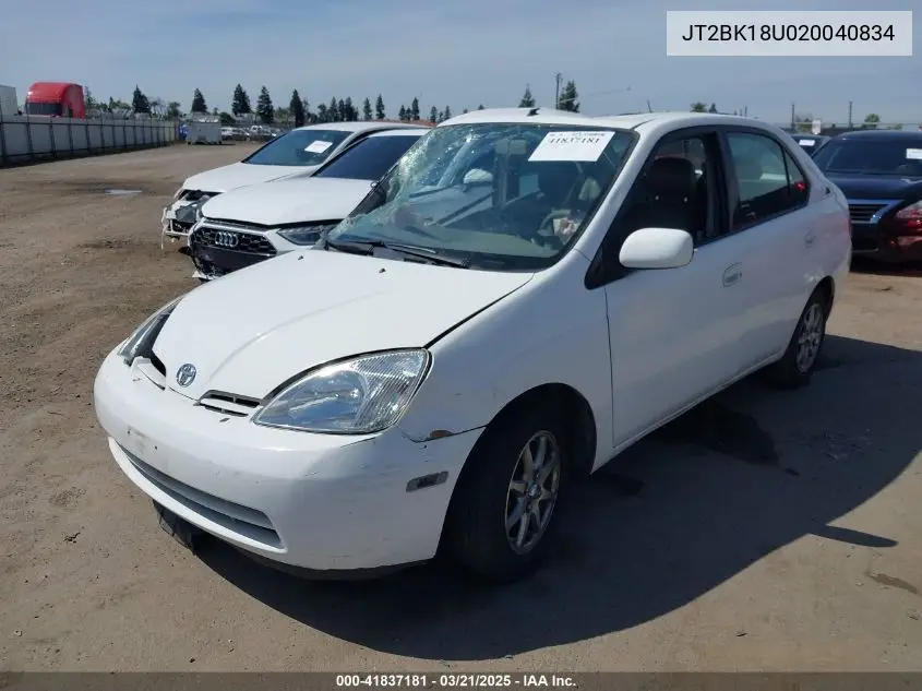 2002 Toyota Prius VIN: JT2BK18U020040834 Lot: 41837181