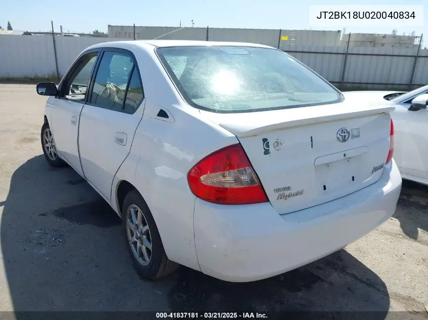 2002 Toyota Prius VIN: JT2BK18U020040834 Lot: 41837181