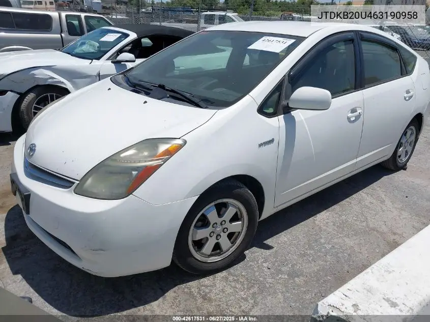 2006 Toyota Prius VIN: JTDKB20U463190958 Lot: 42617531