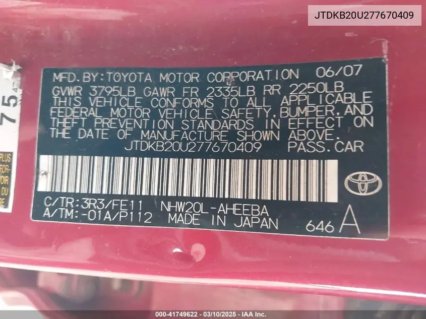 2007 Toyota Prius VIN: JTDKB20U277670409 Lot: 41749622