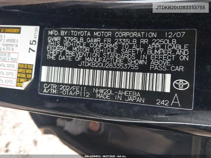 2008 Toyota Prius VIN: JTDKB20U283353755 Lot: 42594912