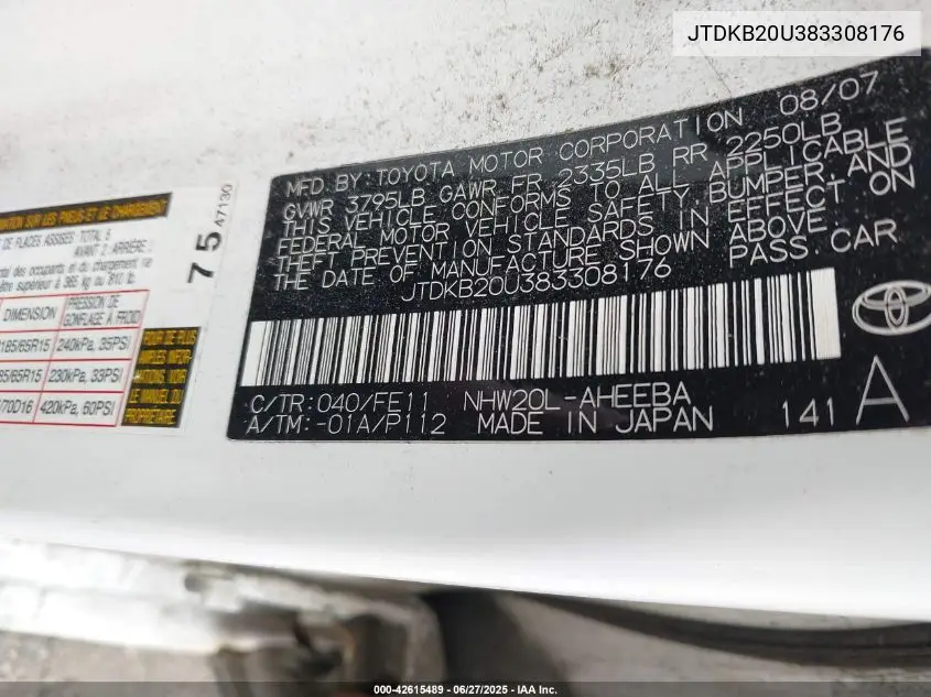 2008 Toyota Prius VIN: JTDKB20U383308176 Lot: 42615489
