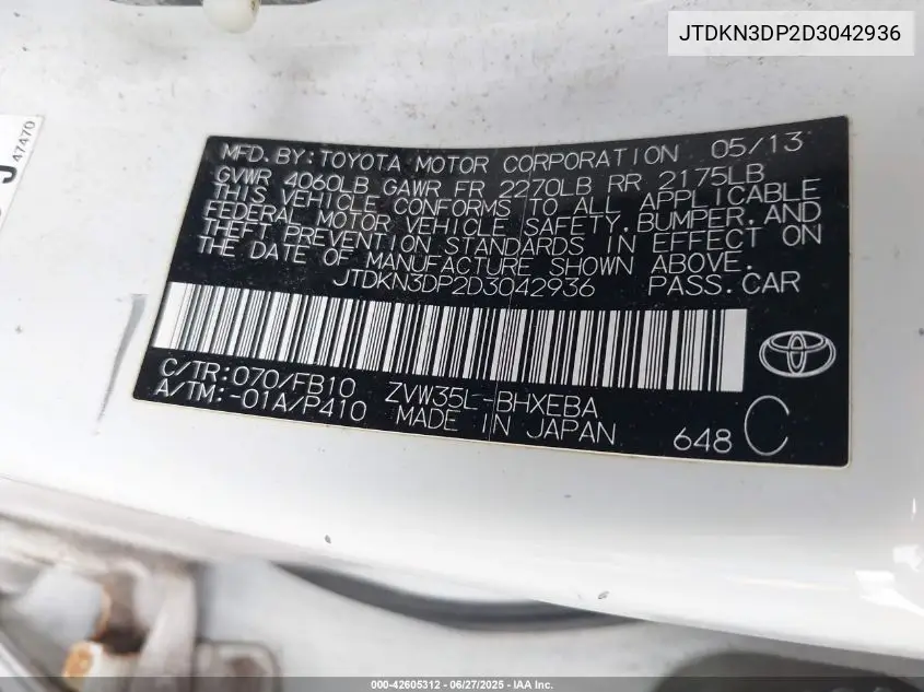 2013 Toyota Prius Plug-In VIN: JTDKN3DP2D3042936 Lot: 42605312