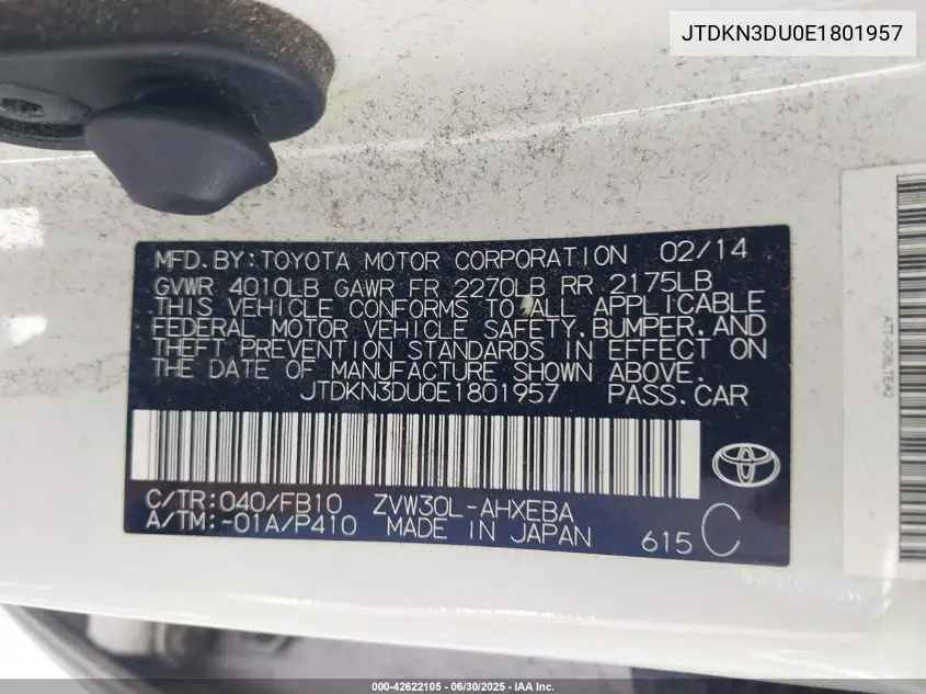 2014 Toyota Prius Two VIN: JTDKN3DU0E1801957 Lot: 42622105