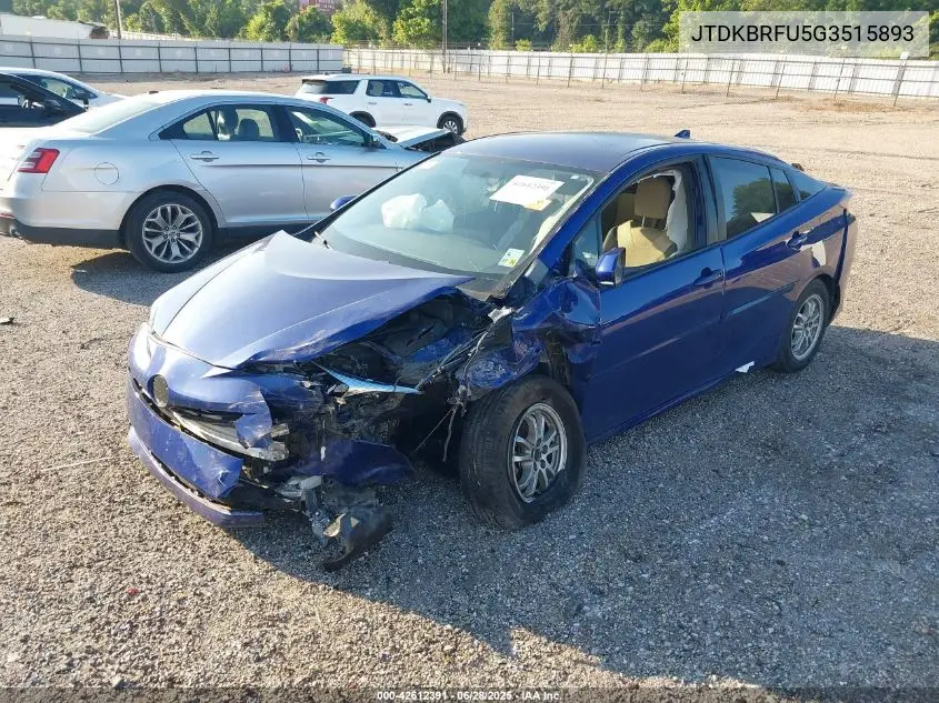 2016 Toyota Prius VIN: JTDKBRFU5G3515893 Lot: 42612391