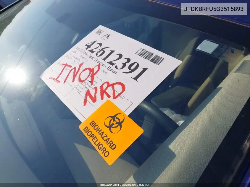 2016 Toyota Prius VIN: JTDKBRFU5G3515893 Lot: 42612391