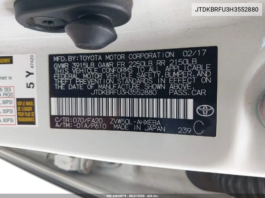 2017 Toyota Prius Four/Four Touring/One/Three/Three Touring/Two/Two Eco VIN: JTDKBRFU3H3552880 Lot: 42620876