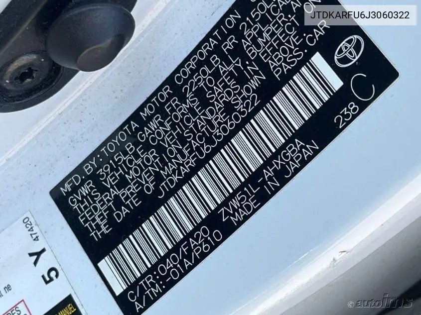 2018 Toyota Prius Three VIN: JTDKARFU6J3060322 Lot: 42273299