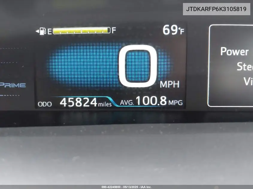 2019 Toyota Prius Prime Advanced VIN: JTDKARFP6K3105819 Lot: 42245650