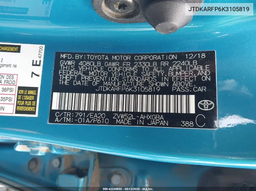 2019 Toyota Prius Prime Advanced VIN: JTDKARFP6K3105819 Lot: 42245650