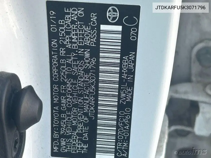 2019 Toyota Prius VIN: JTDKARFU5K3071796 Lot: 42273217