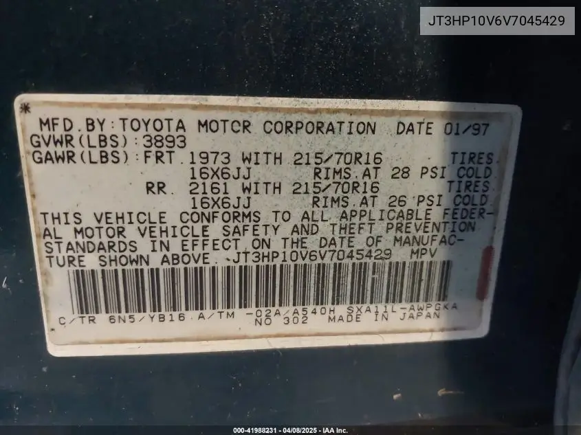 1997 Toyota Rav4 VIN: JT3HP10V6V7045429 Lot: 41988231