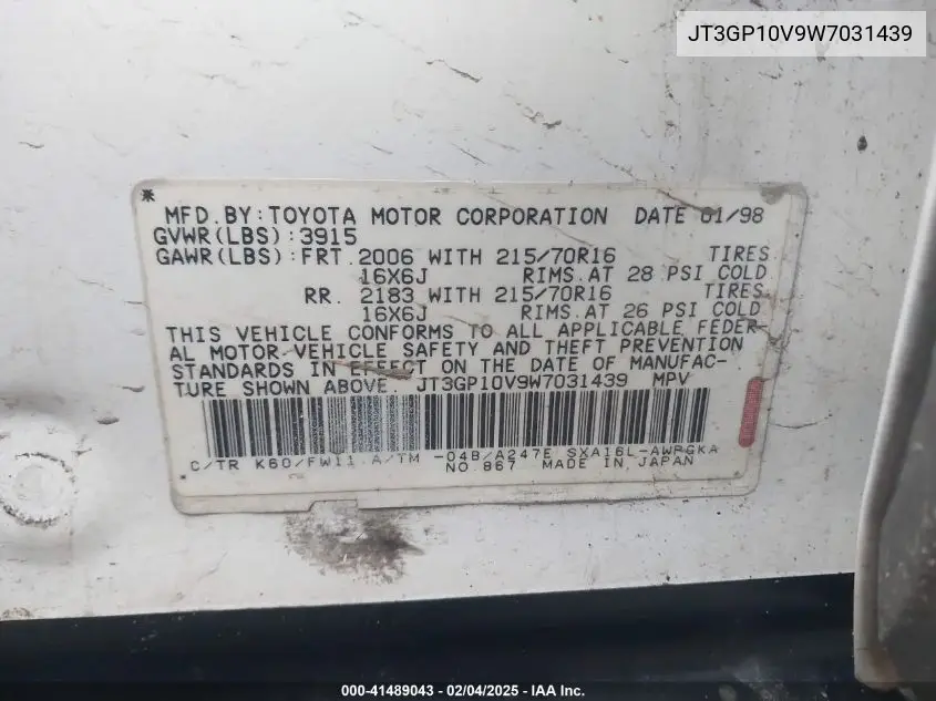 1998 Toyota Rav4 VIN: JT3GP10V9W7031439 Lot: 41489043