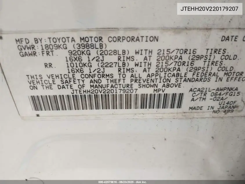 2002 Toyota Rav4 VIN: JTEHH20V220179207 Lot: 42575616