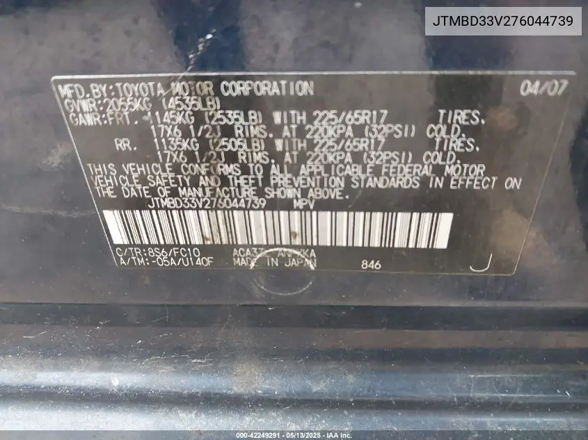 2007 Toyota Rav4 VIN: JTMBD33V276044739 Lot: 42249291