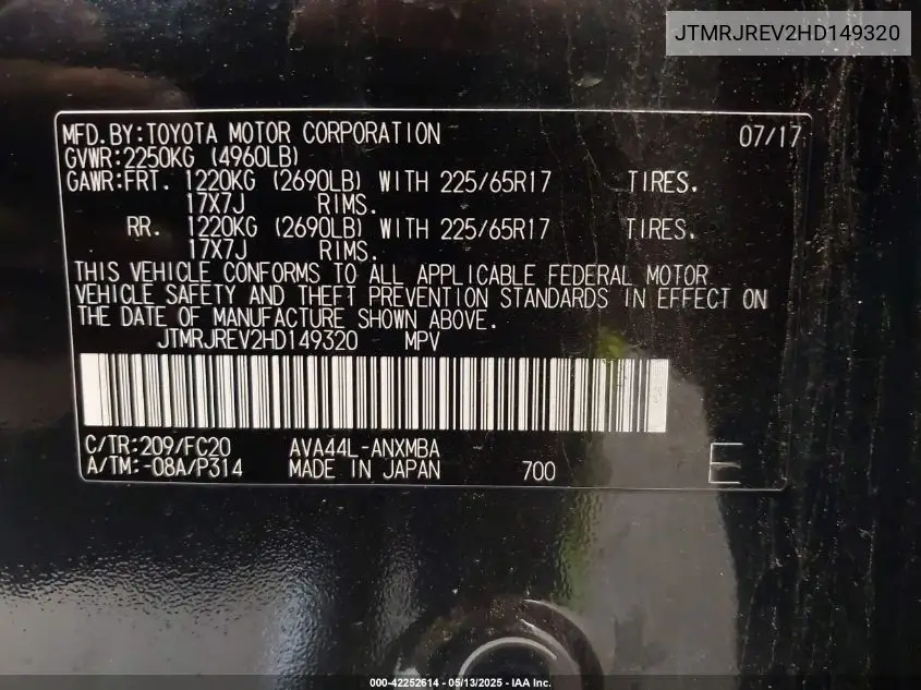 2017 Toyota Rav4 Hybrid Xle VIN: JTMRJREV2HD149320 Lot: 42252614