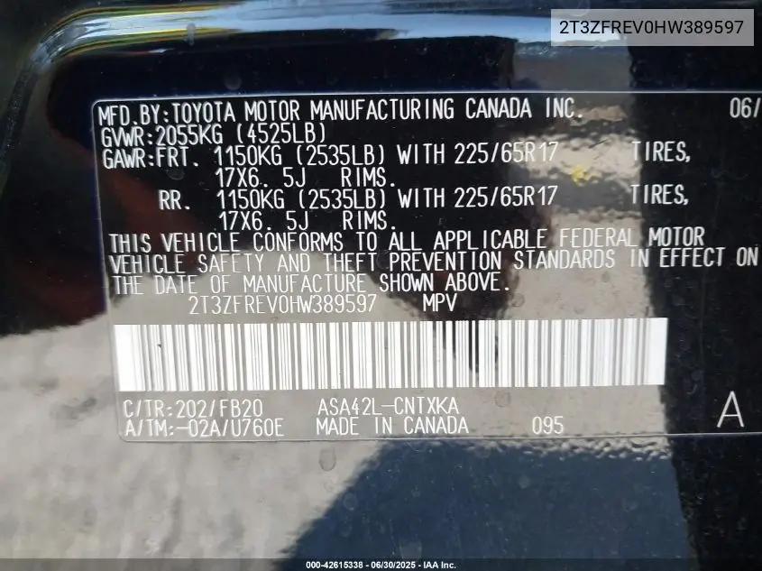 2017 Toyota Rav4 Le VIN: 2T3ZFREV0HW389597 Lot: 42615338
