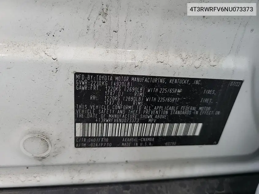 2022 Toyota Rav4 Xle VIN: 4T3RWRFV6NU073373 Lot: 42626542