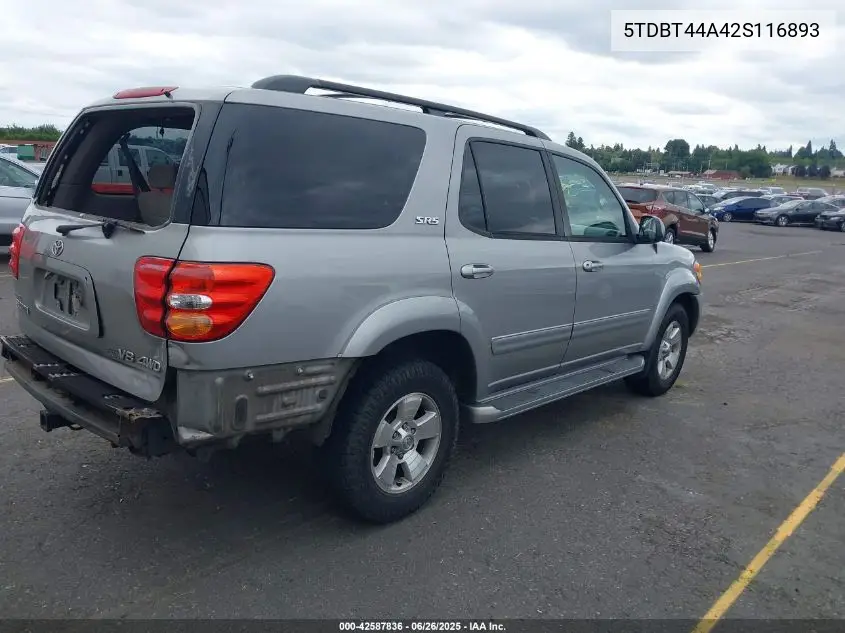 2002 Toyota Sequoia Sr5 V8 VIN: 5TDBT44A42S116893 Lot: 42587836