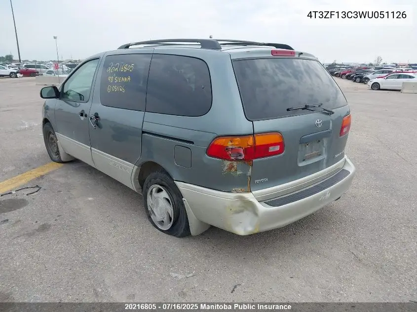 1998 Toyota Sienna Le V6 VIN: 4T3ZF13C3WU051126 Lot: 20216805