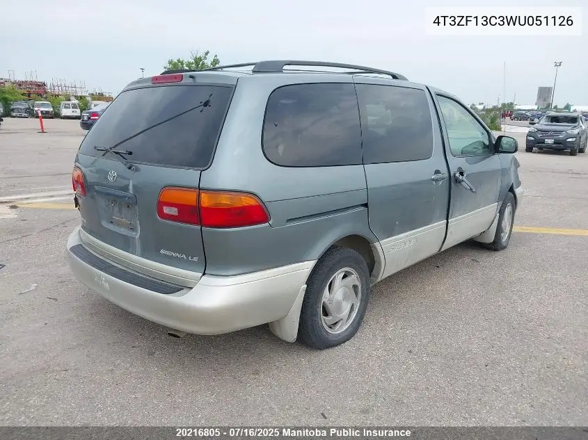 1998 Toyota Sienna Le V6 VIN: 4T3ZF13C3WU051126 Lot: 20216805