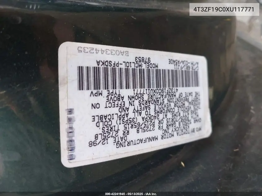 1999 Toyota Sienna Ce VIN: 4T3ZF19C0XU117771 Lot: 42241945