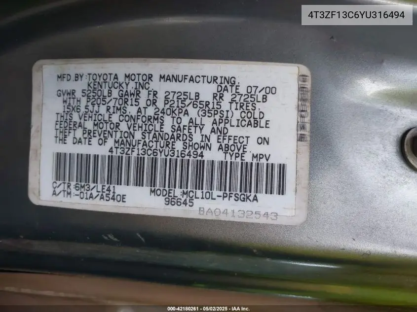 2000 Toyota Sienna Xle VIN: 4T3ZF13C6YU316494 Lot: 42180261