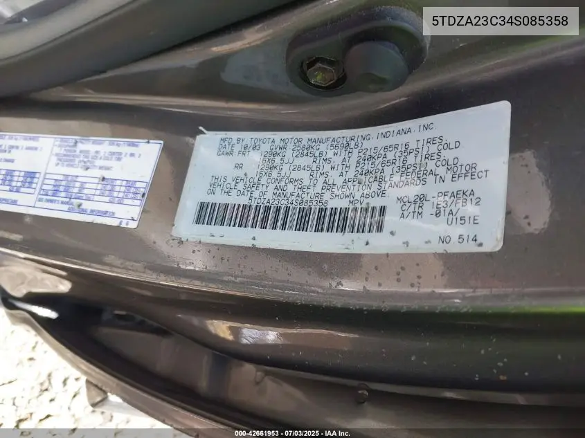 2004 Toyota Sienna Le VIN: 5TDZA23C34S085358 Lot: 42661953
