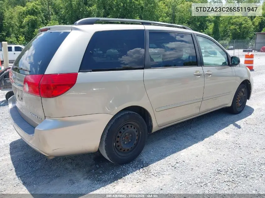 2006 Toyota Sienna Le VIN: 5TDZA23C26S511947 Lot: 42659542