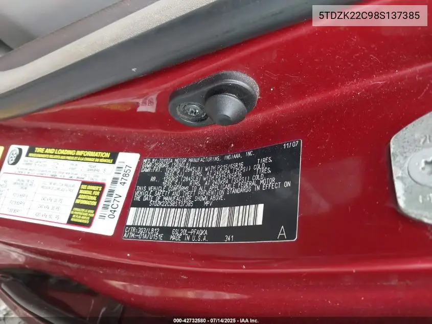 2008 Toyota Sienna Xle VIN: 5TDZK22C98S137385 Lot: 42732580
