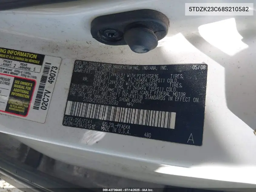 2008 Toyota Sienna Le VIN: 5TDZK23C68S210582 Lot: 42736440