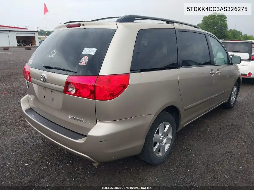 2010 Toyota Sienna Ce/Le VIN: 5TDKK4CC3AS326275 Lot: 42583876