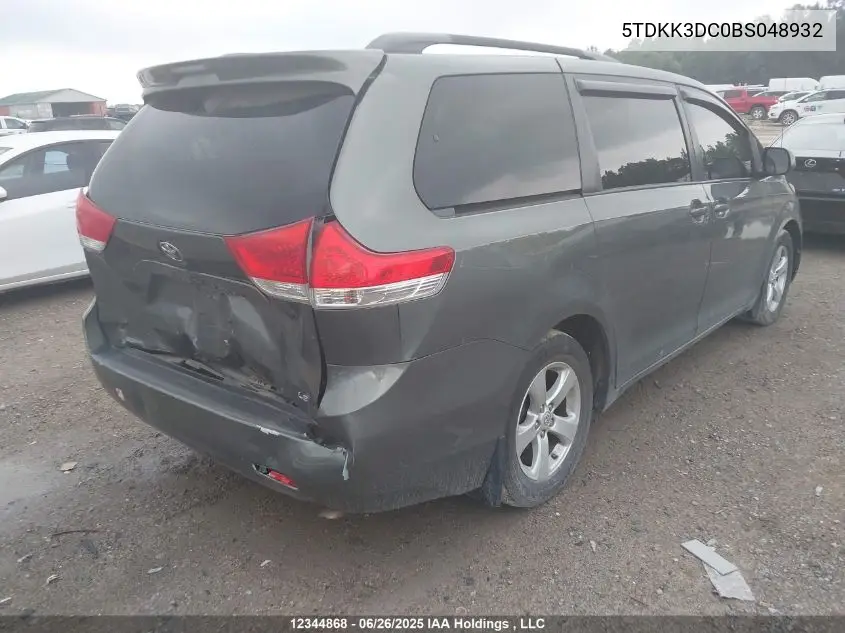 2011 Toyota Sienna Le 8 Passenger VIN: 5TDKK3DC0BS048932 Lot: 12344868