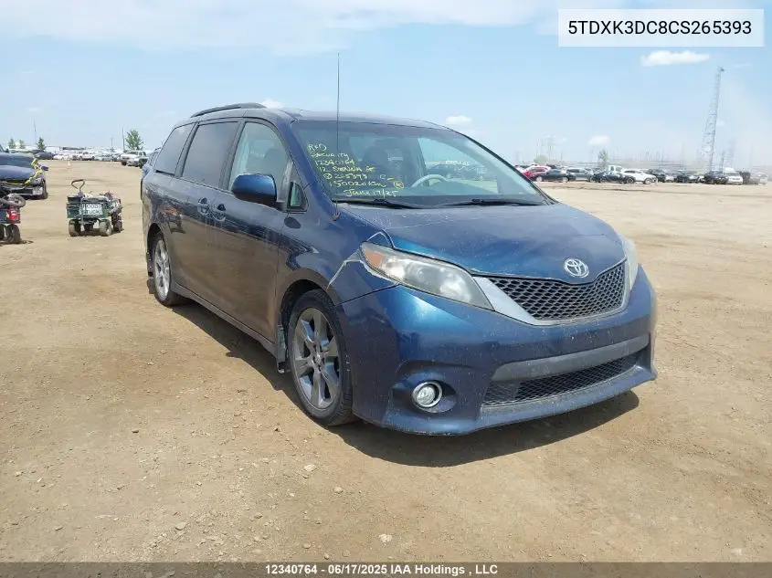 2012 Toyota Sienna Se 8 Passenger VIN: 5TDXK3DC8CS265393 Lot: 12340764