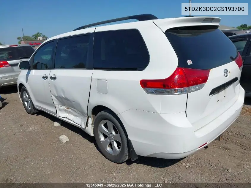 5TDZK3DC2CS193700 2012 Toyota Sienna V6 7 Passenger
