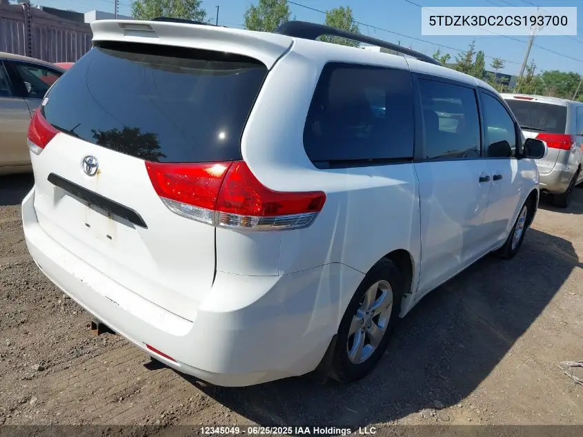 5TDZK3DC2CS193700 2012 Toyota Sienna V6 7 Passenger