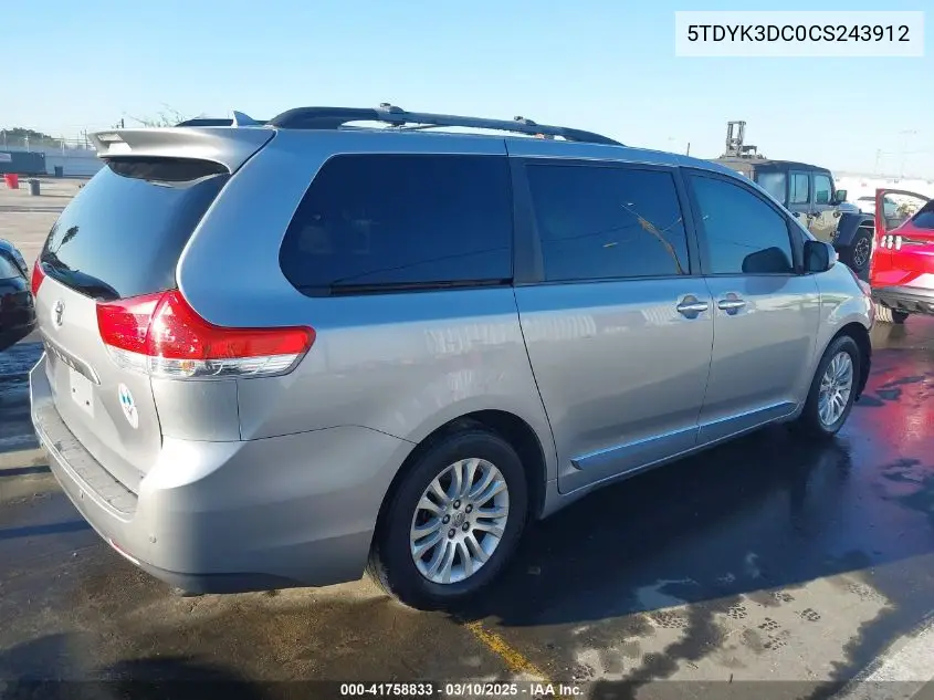 2012 Toyota Sienna Xle V6 8 Passenger VIN: 5TDYK3DC0CS243912 Lot: 41758833