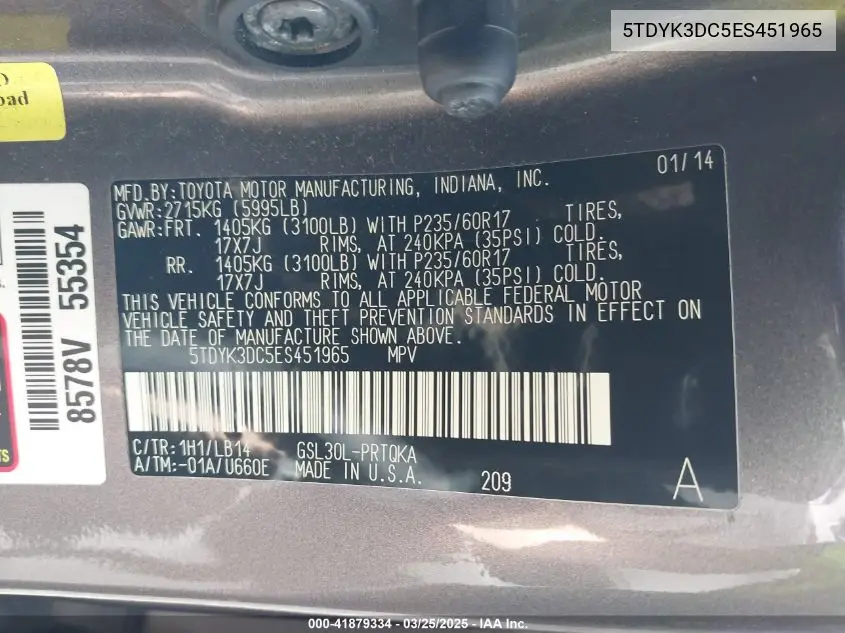 2014 Toyota Sienna Xle V6 8 Passenger VIN: 5TDYK3DC5ES451965 Lot: 41879334