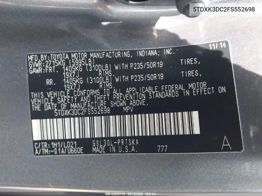 2015 Toyota Sienna Se 8 Passenger VIN: 5TDXK3DC2FS552698 Lot: 42253119