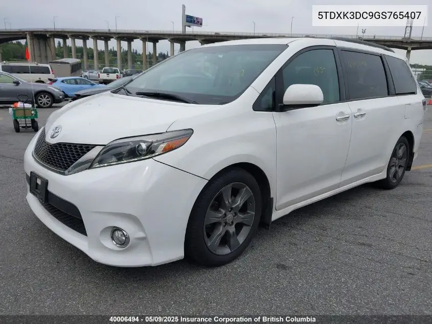 2016 Toyota Sienna Se VIN: 5TDXK3DC9GS765407 Lot: 40006494