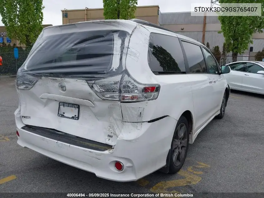2016 Toyota Sienna Se VIN: 5TDXK3DC9GS765407 Lot: 40006494