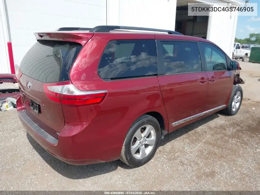 2016 Toyota Sienna Le 8 Passenger VIN: 5TDKK3DC4GS746905 Lot: 42662690