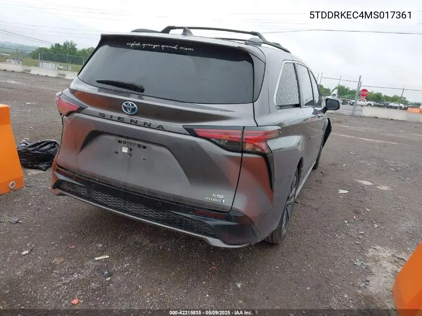 2021 Toyota Sienna Xse VIN: 5TDDRKEC4MS017361 Lot: 42215835