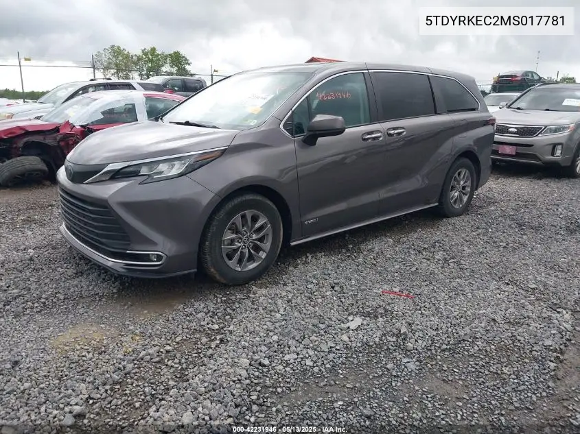 2021 Toyota Sienna Xle VIN: 5TDYRKEC2MS017781 Lot: 42231946