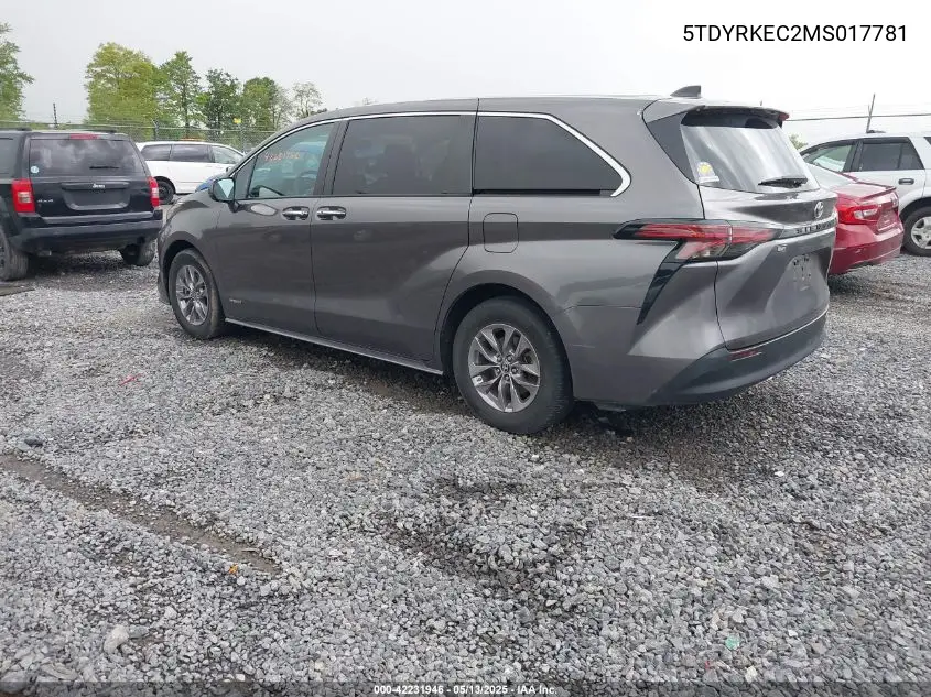 2021 Toyota Sienna Xle VIN: 5TDYRKEC2MS017781 Lot: 42231946
