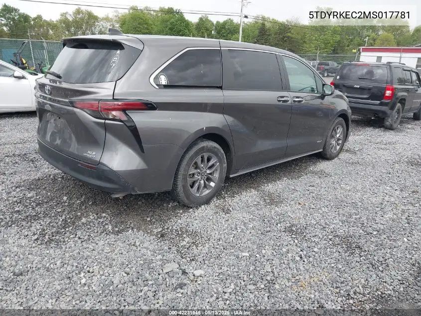 2021 Toyota Sienna Xle VIN: 5TDYRKEC2MS017781 Lot: 42231946