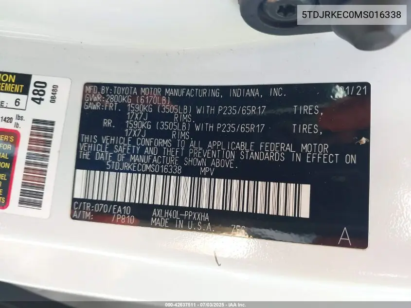 2021 Toyota Sienna Xle VIN: 5TDJRKEC0MS016338 Lot: 42637511